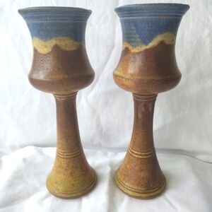 Studio Art Pottery Stem Goblets x 2 Blue Brown Drip Glaze 9" Hand Turned Signed